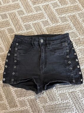 H&M Black High-Rise Denim Shorts with Grommet Detail